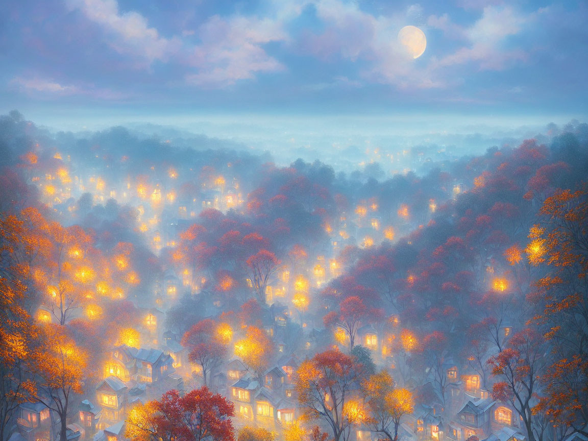 Autumn dusk landscape with glowing streetlights, full moon, and orange leaves