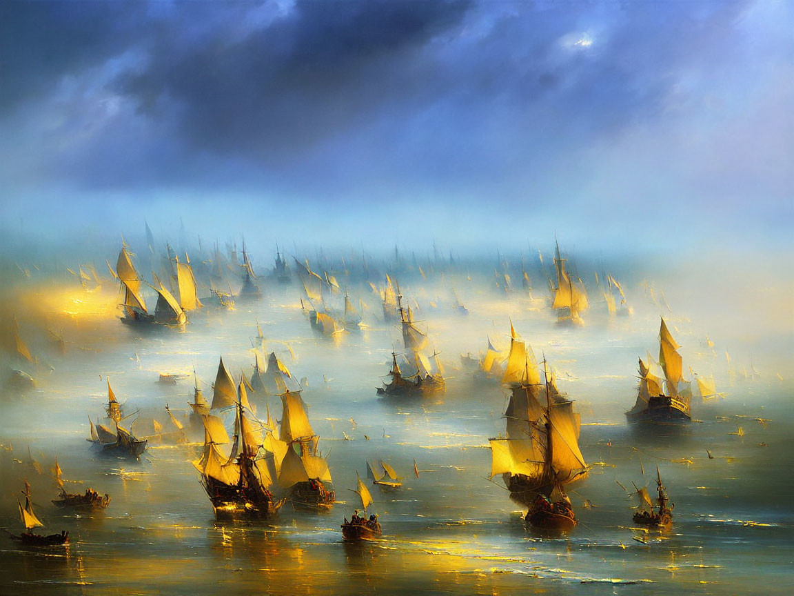 Sailing ships on misty golden sea under dramatic sky