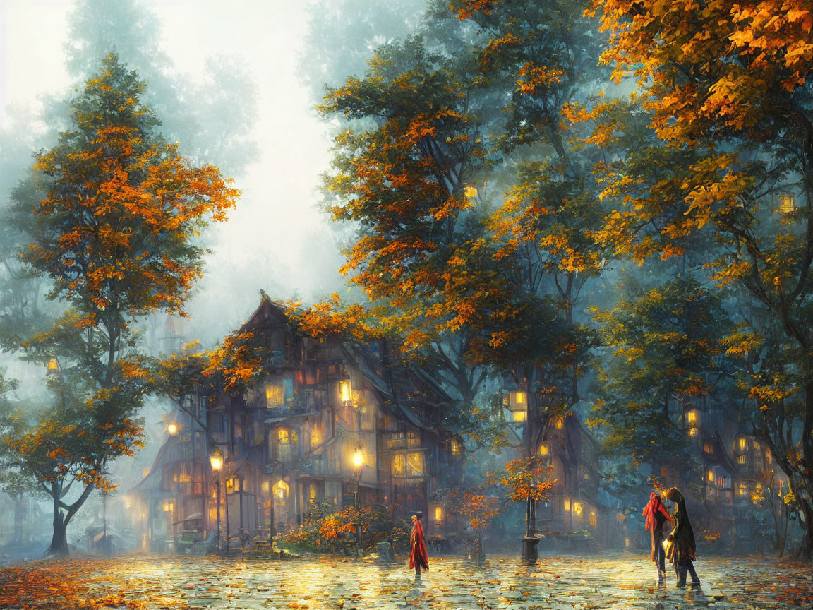 Large illuminated house in autumnal fantasy scene with figures in cloaks