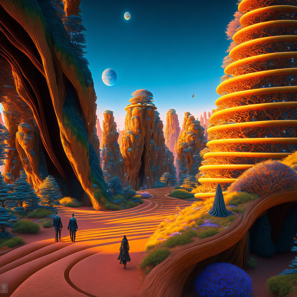 Colorful Alien Landscape with Rock Formations, Orange Foliage, Path, and Figures