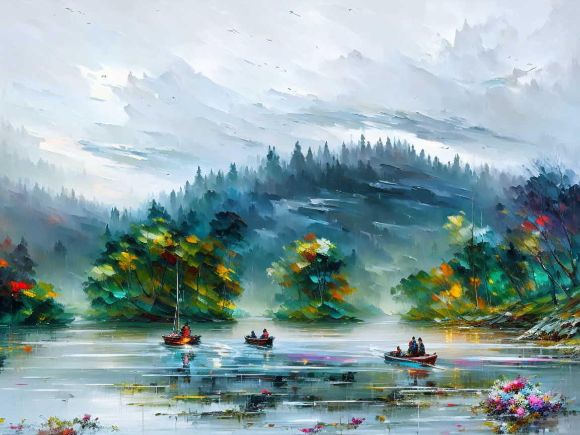 Serene lake with boats, vibrant trees, flowers, misty sky, birds