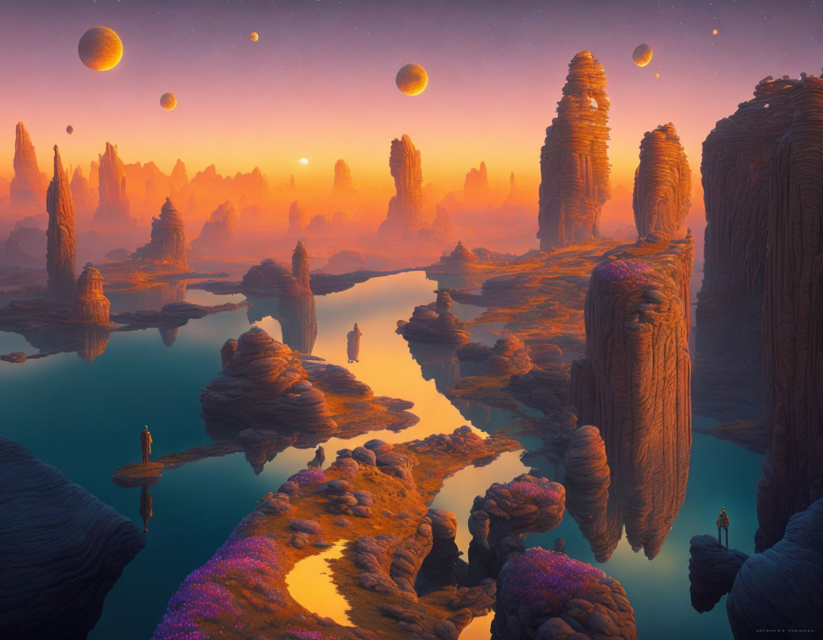 Alien landscape with rock formations, waterways, and multiple moons at dusk