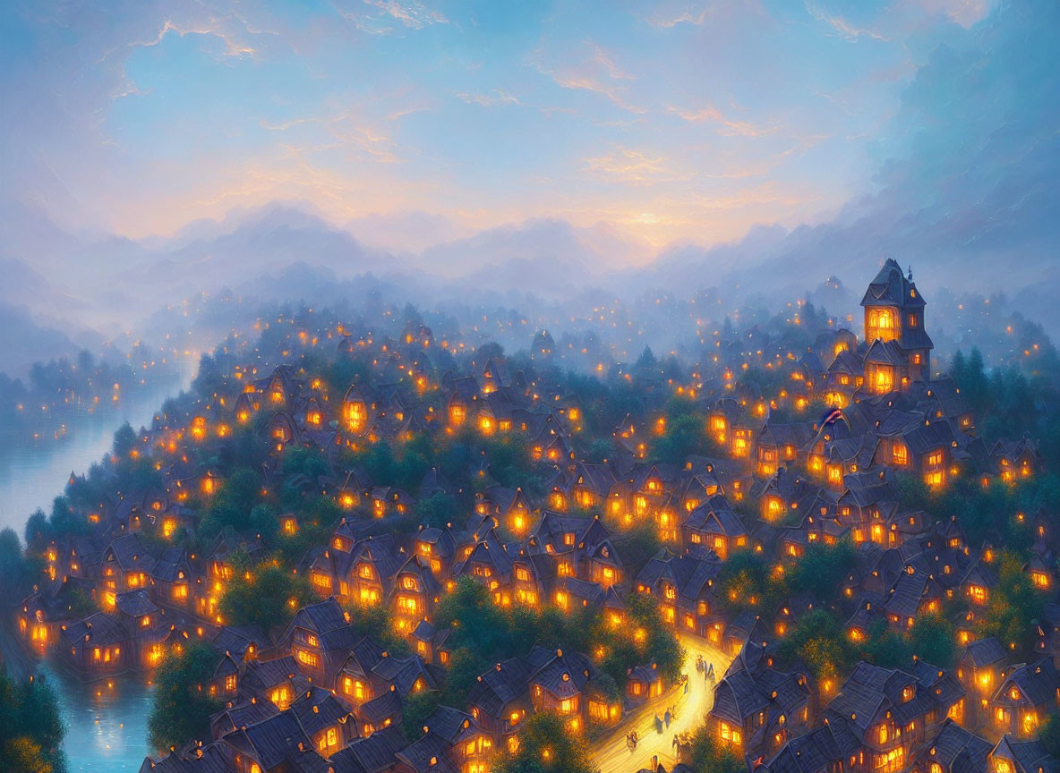 Twilight scene over village nestled in mountains with glowing lights