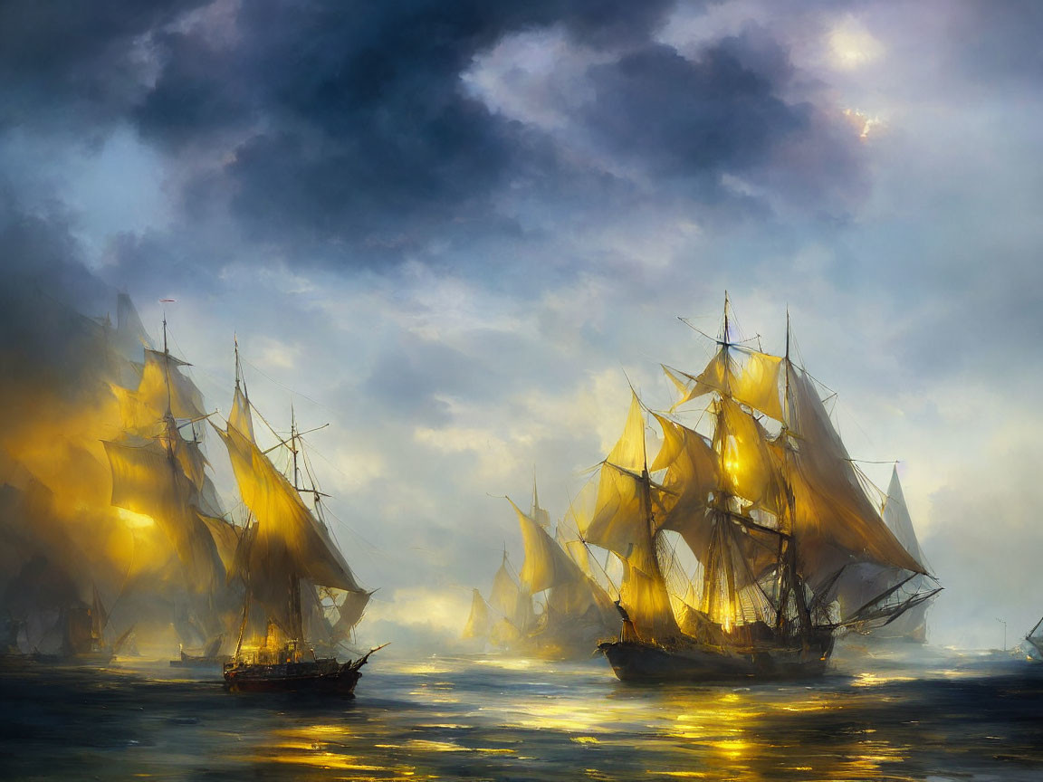 Tall ships with illuminated sails in misty waters under dramatic sky