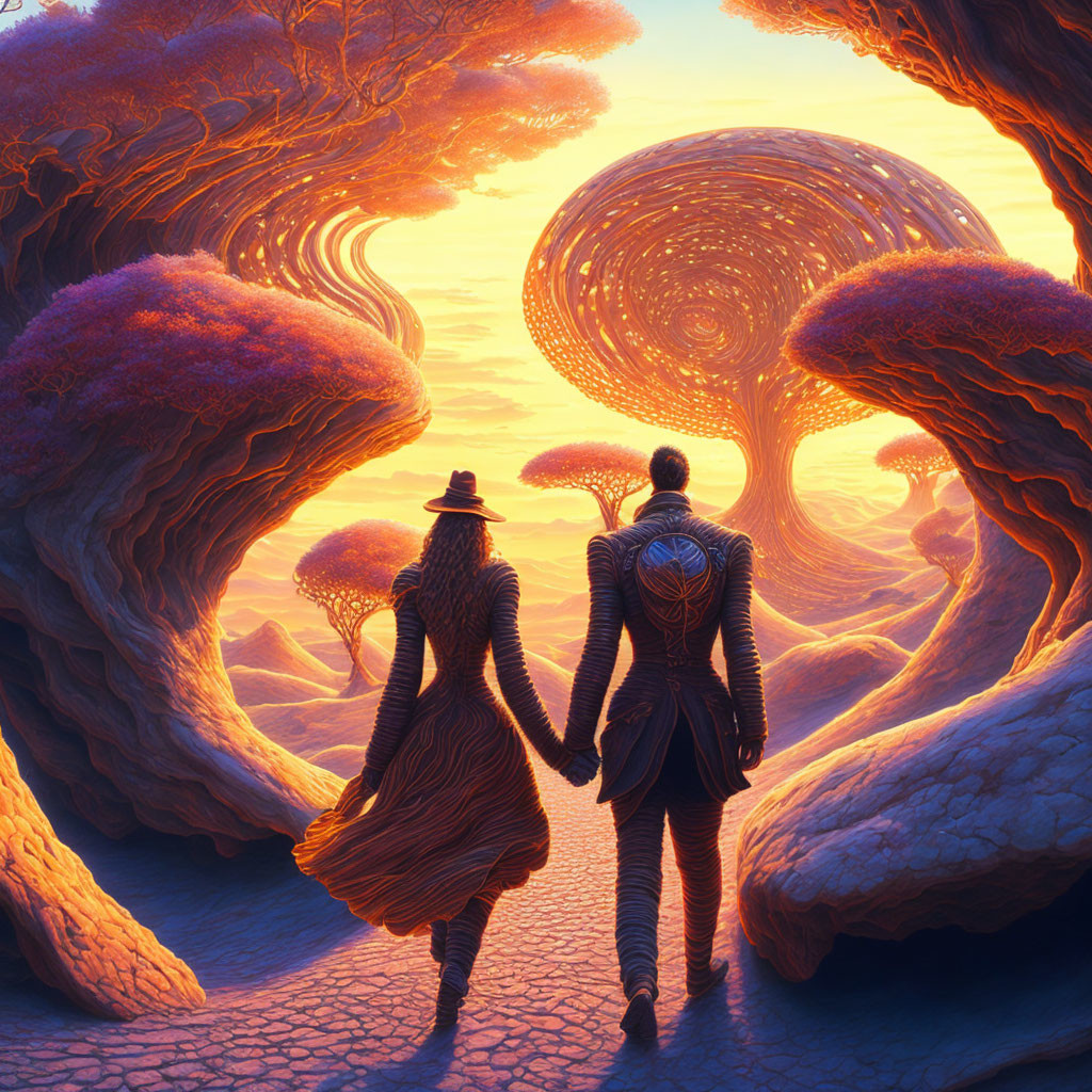 Fantastical forest scene with two individuals walking hand-in-hand