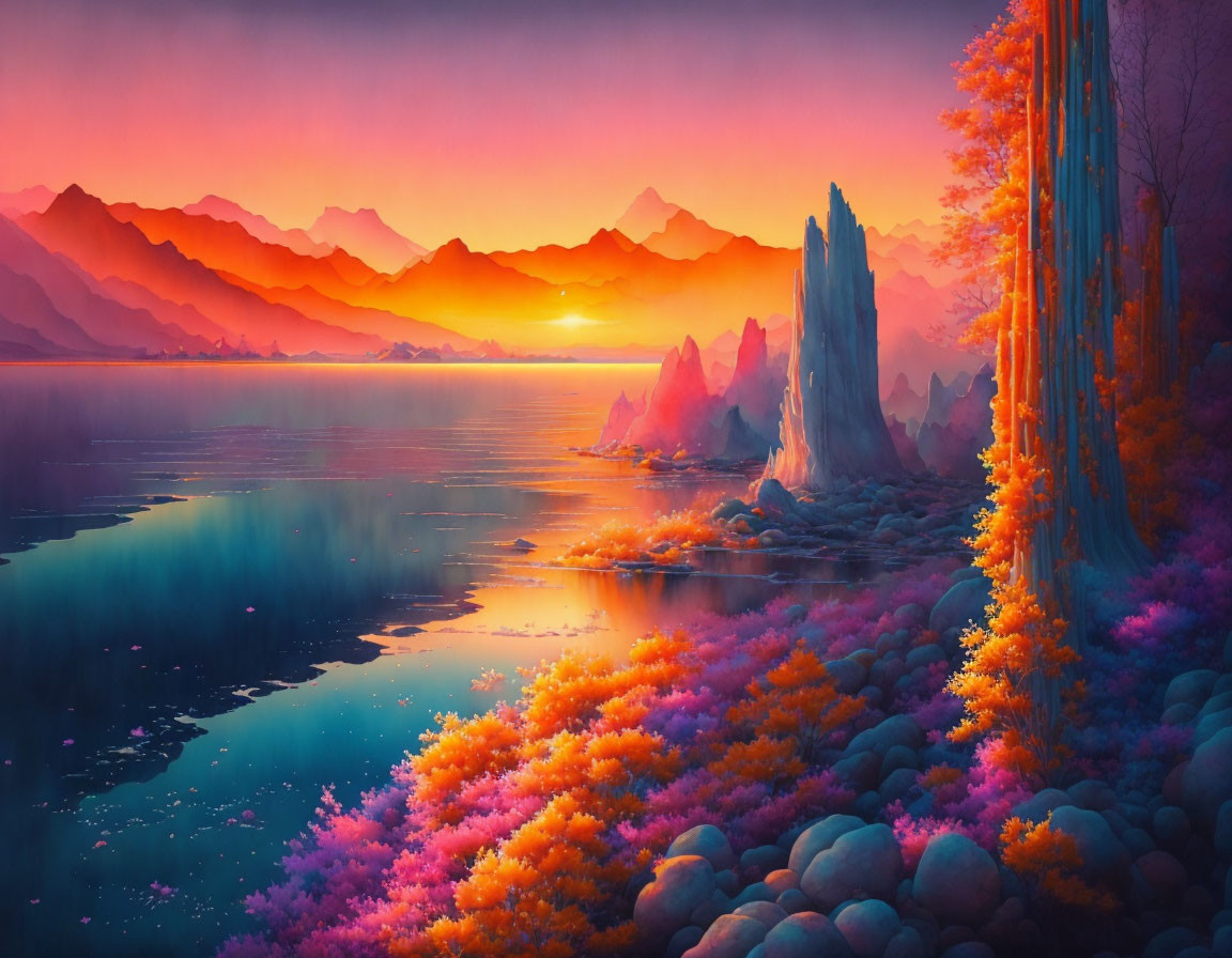 Colorful sunset digital landscape over tranquil lake & whimsical rock formations