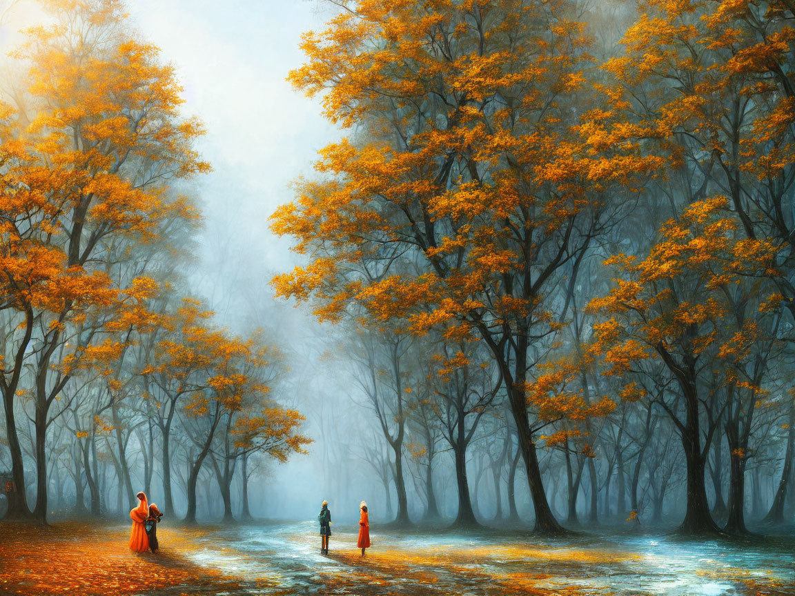 Golden leaves and hazy autumn forest with three people walking on a path