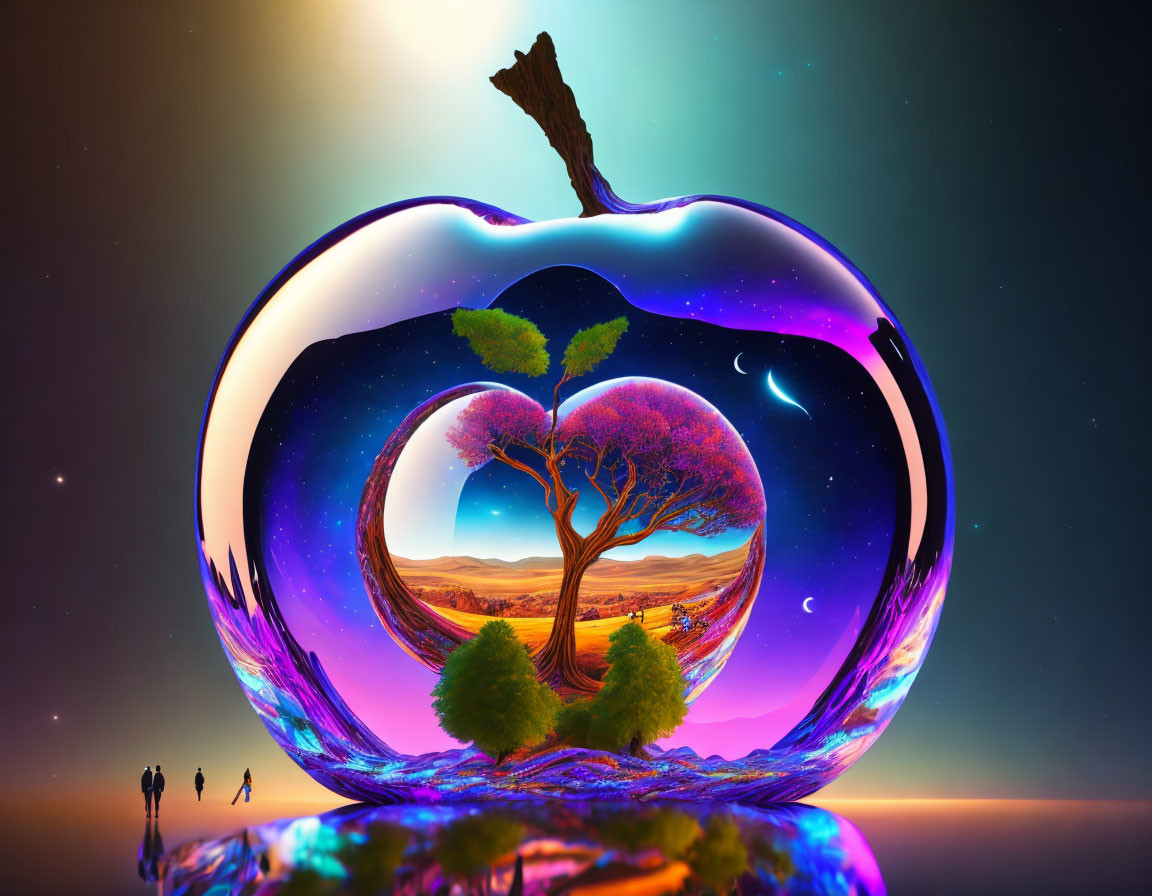 Surreal glass-like apple with miniature ecosystem and cosmic background