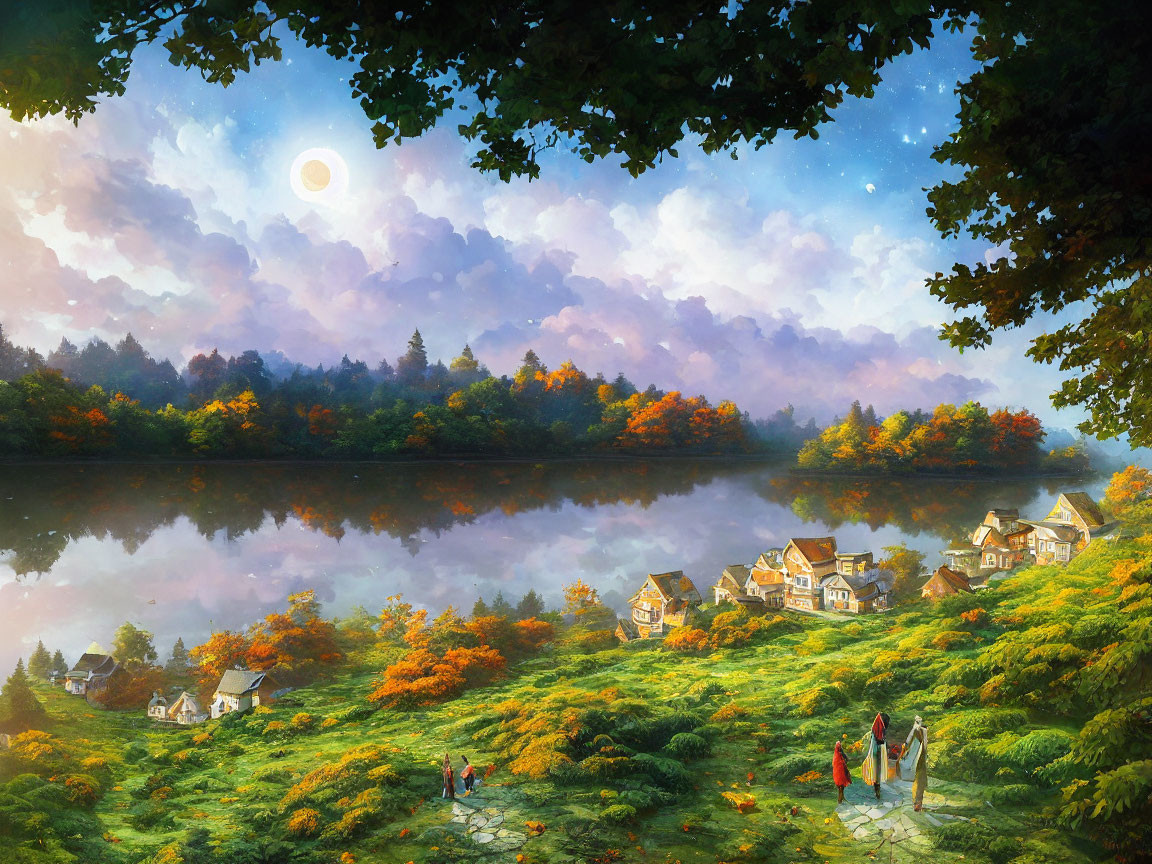 Scenic autumn village by serene lake at sunrise