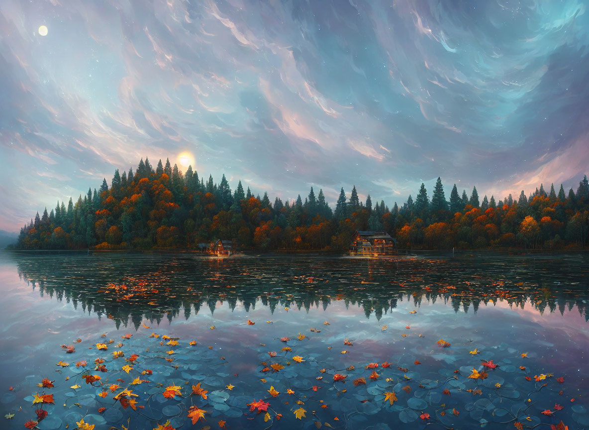 Scenic twilight landscape: purple clouds, calm lake, autumn forest, distant cabin.