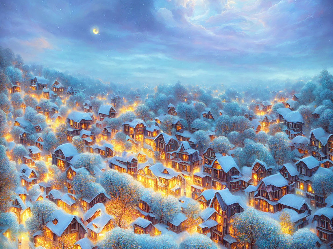 Snow-covered winter village at dusk with glowing lights and mystical twilight sky