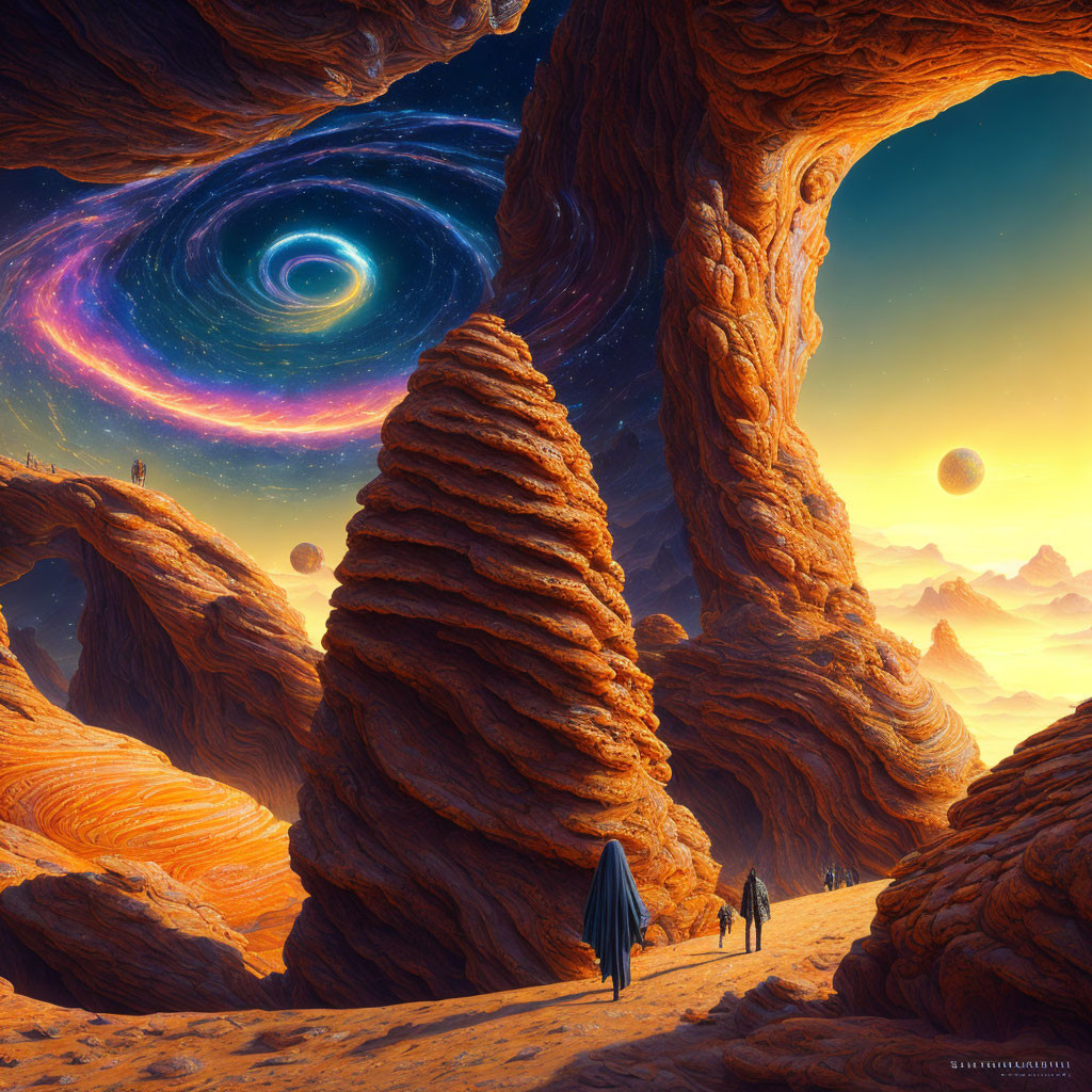 Surreal rocky landscape with two figures under swirling galaxy