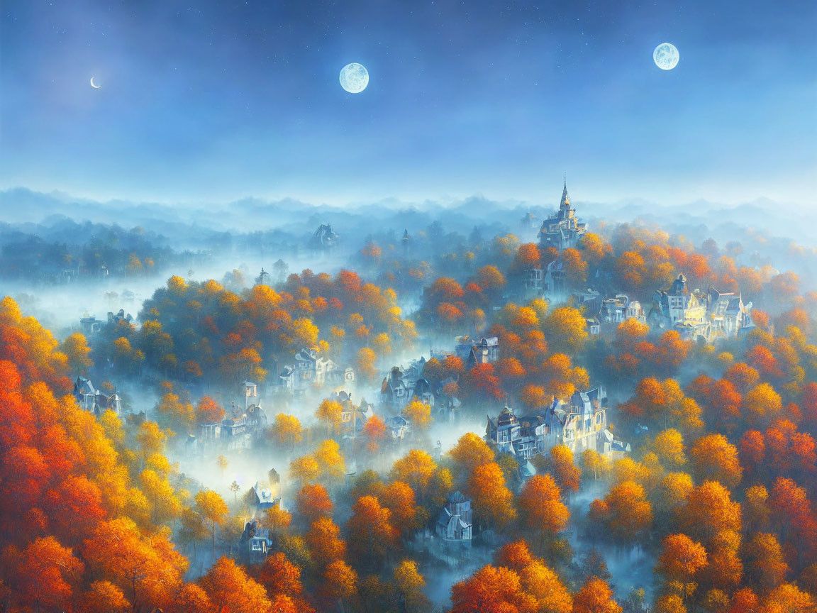 Mystical autumn village in fog with fall trees and twin moons