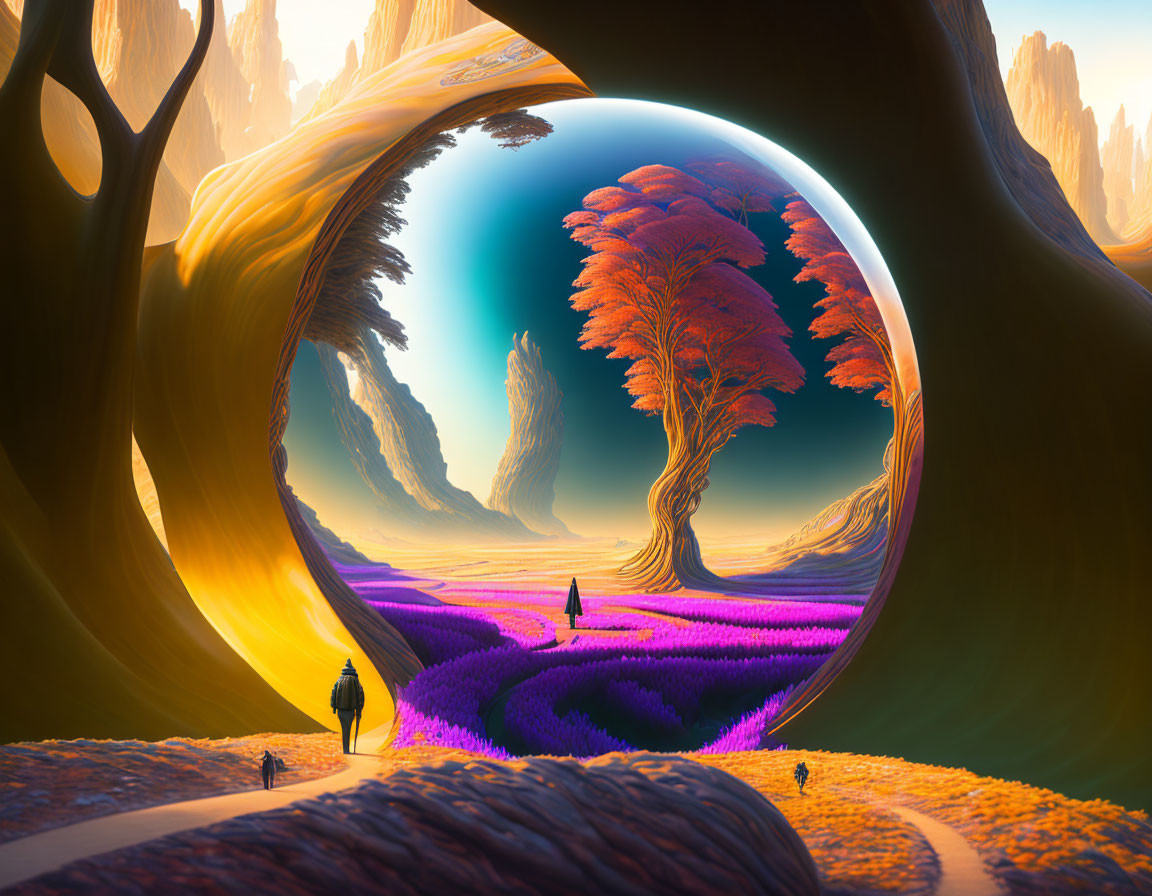 Surreal landscape with circular portal, orange tree, purple foliage, and silhouetted figures