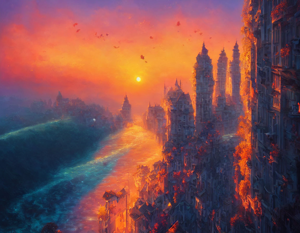 Fantastical cityscape at sunset with ornate towers and luminous river.