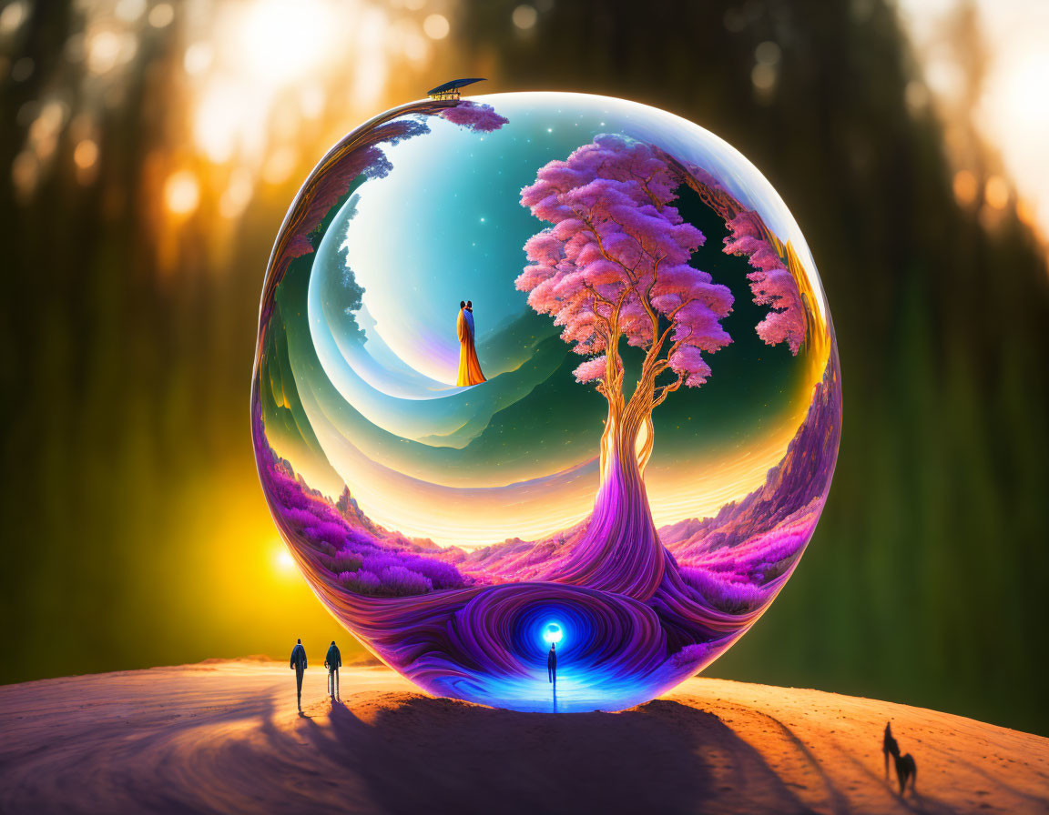 Vibrant surreal illustration: Glass sphere with purple tree and figures in alternative landscape at sunset