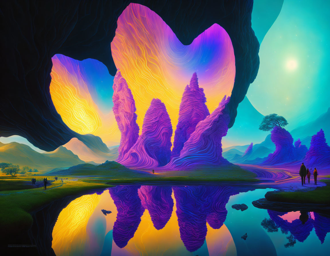 Colorful alien landscape with reflective lake and silhouetted figures.