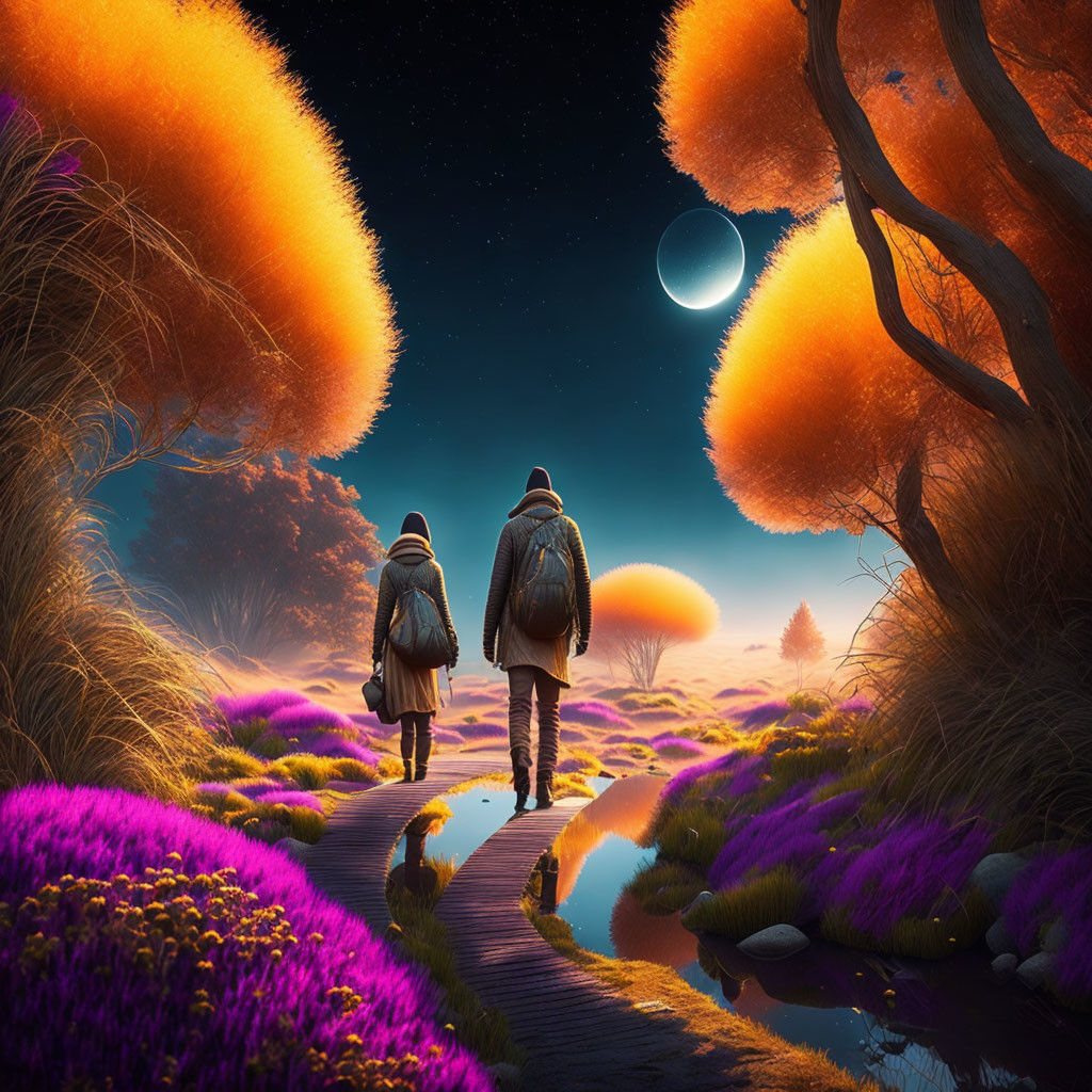 Vibrant surreal landscape with oversized orange trees and crescent moon