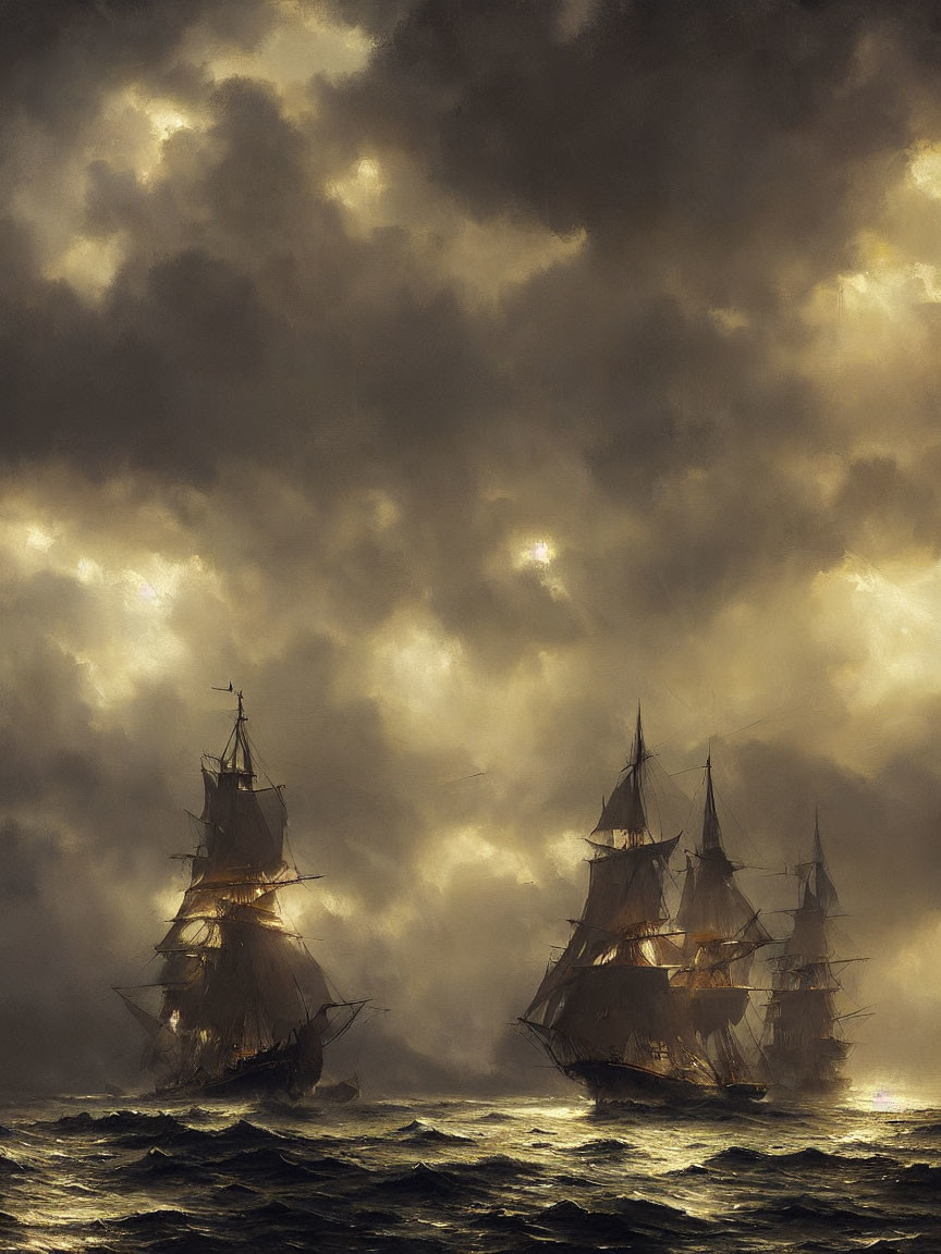 Sailing tall ships under brooding sky with sun rays piercing clouds