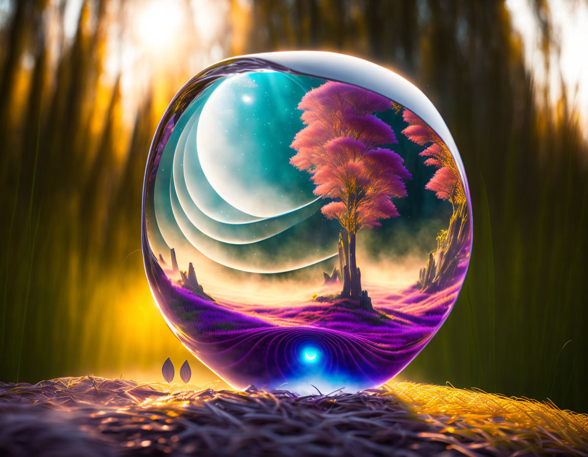 Colorful crystal ball on grass showing fantasy landscape with tree, stars, and celestial bodies against blurred sunset