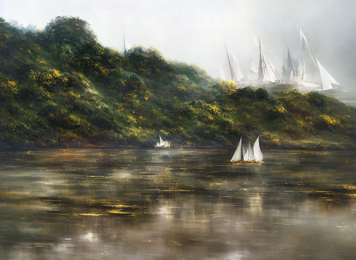 Boats on misty river with sunlit hill and golden reflections