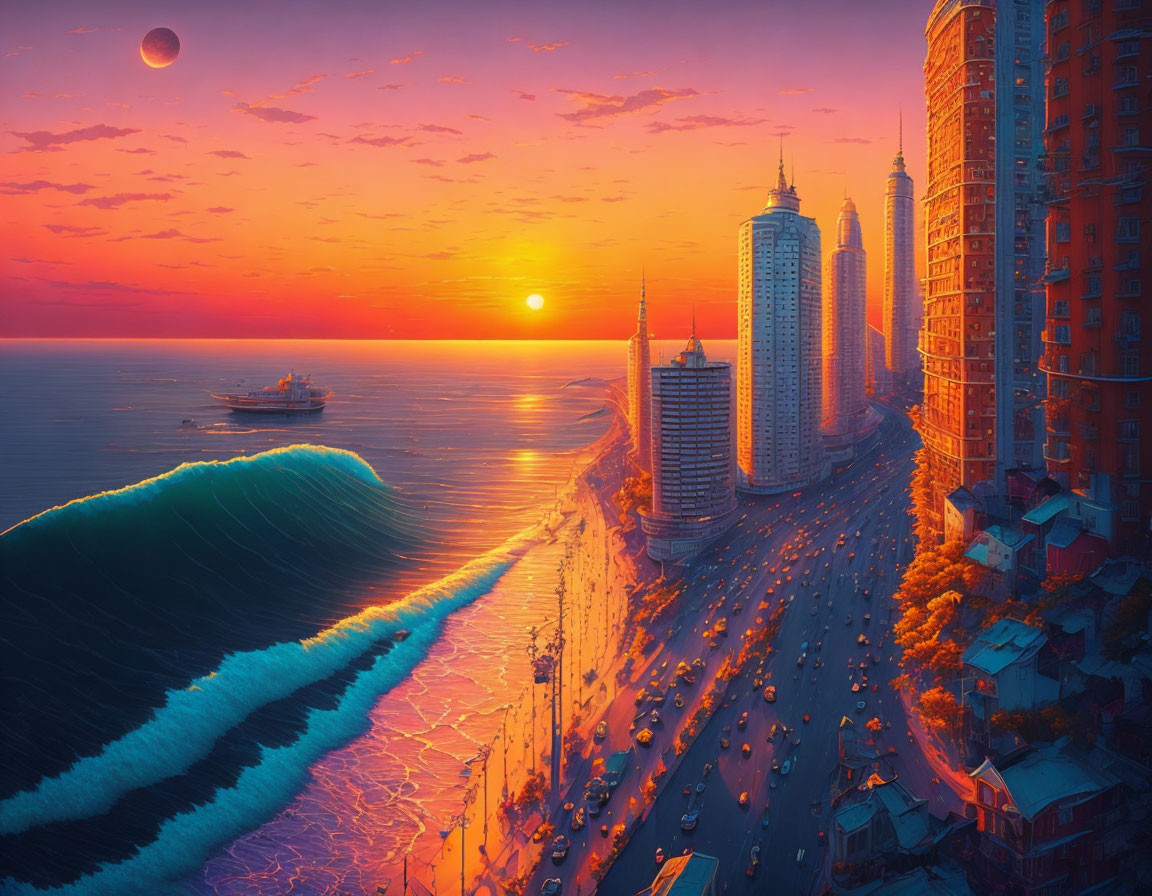 Cityscape at sunset with tall buildings, glowing sky, large moon, ship at sea, and oversized