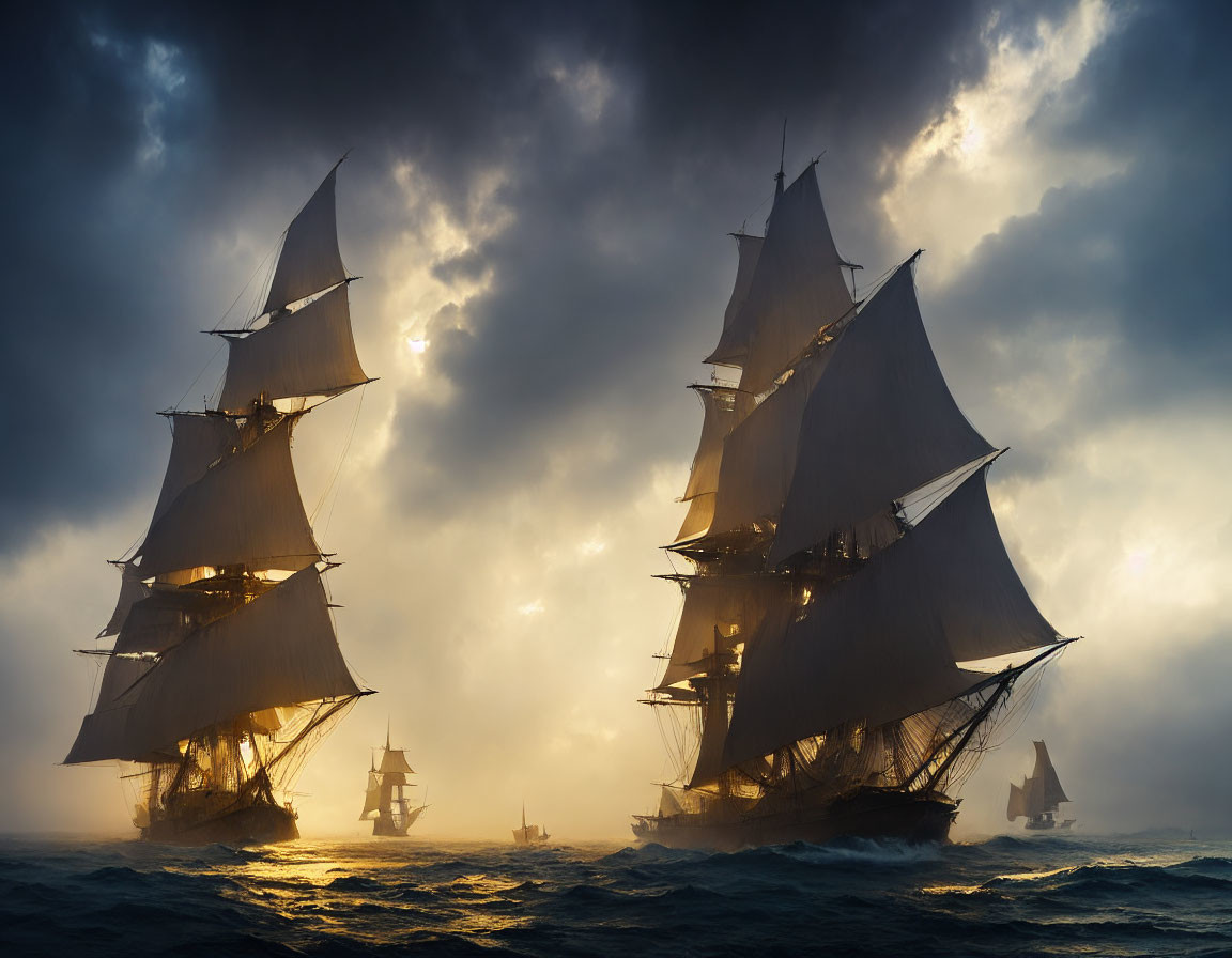 Sailing tall ships on misty golden sea under dramatic sky