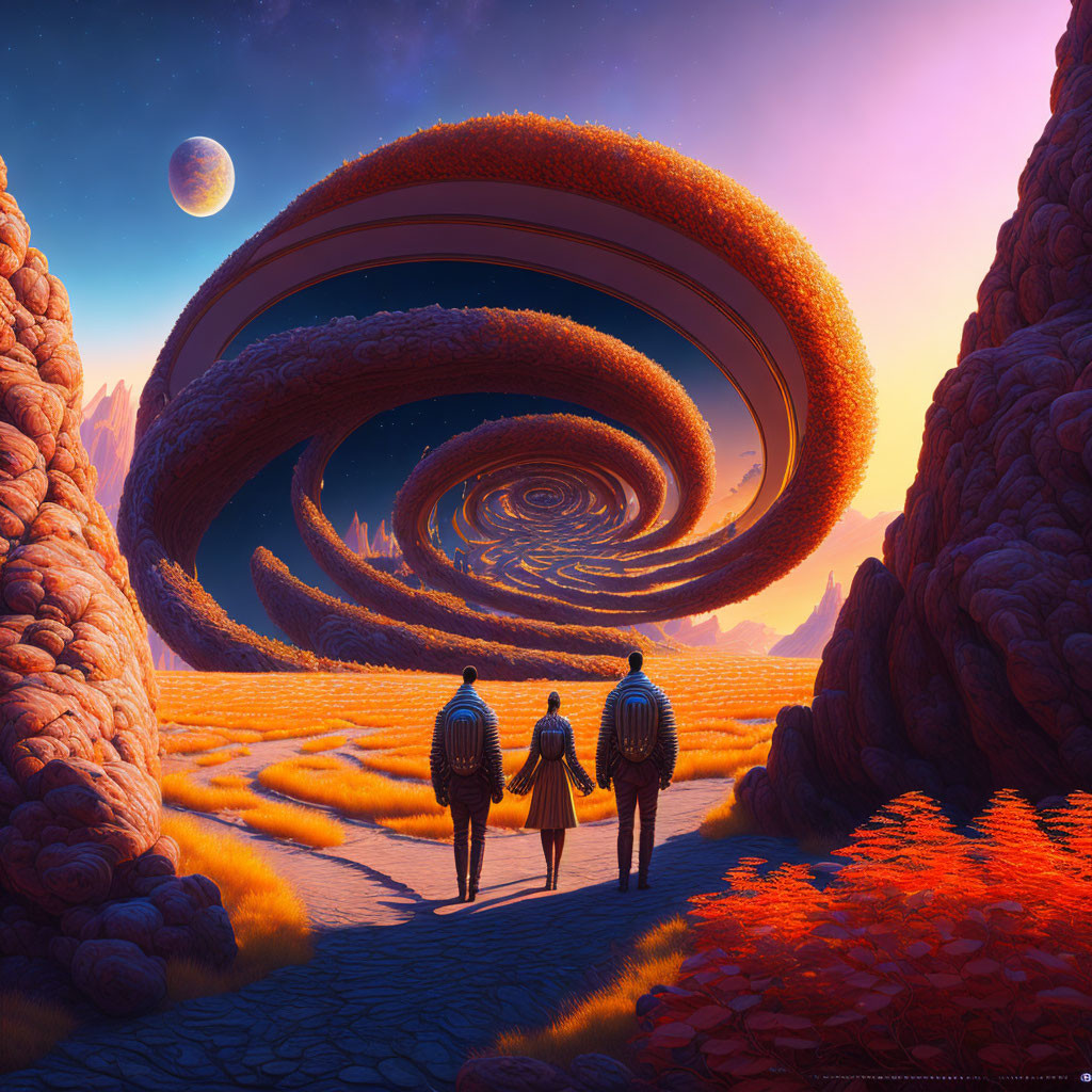 People admiring surreal landscape with giant spiral rocks under twilight sky.