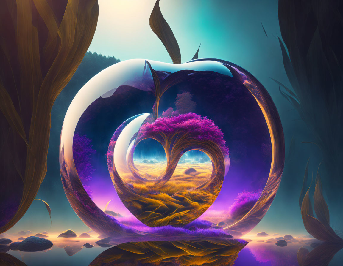 Surreal apple-shaped structure with heart cutout and vibrant tree in mystical twilight.