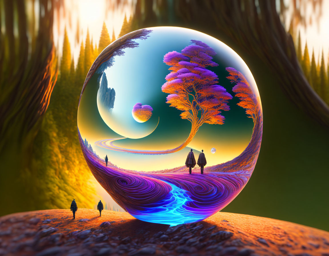 Surreal landscape with glowing orb, vivid tree, swirling patterns, and celestial bodies