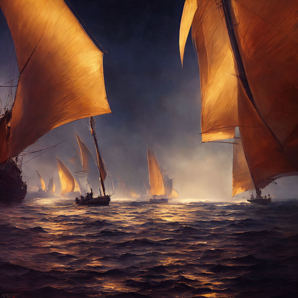 Ancient sailboats with amber-colored sails on misty sea