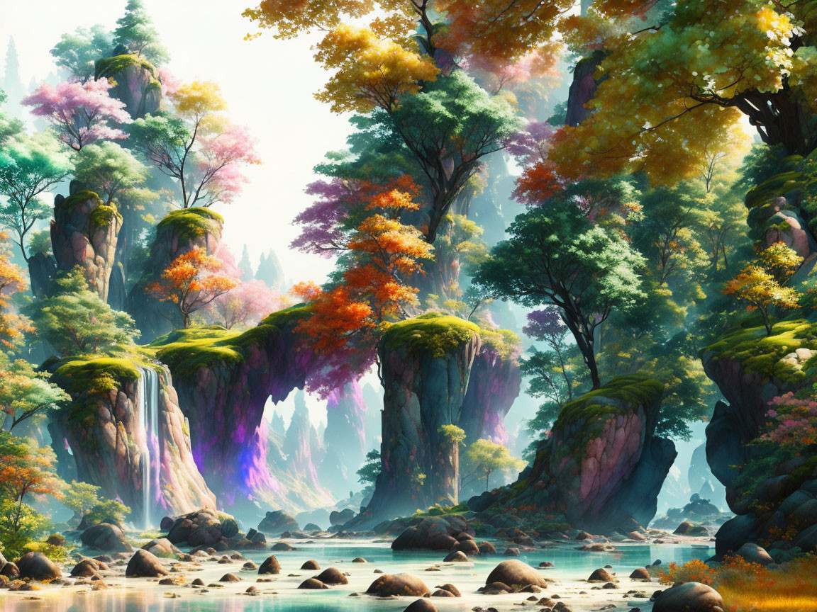 Vibrant multicolored trees in serene fantasy landscape