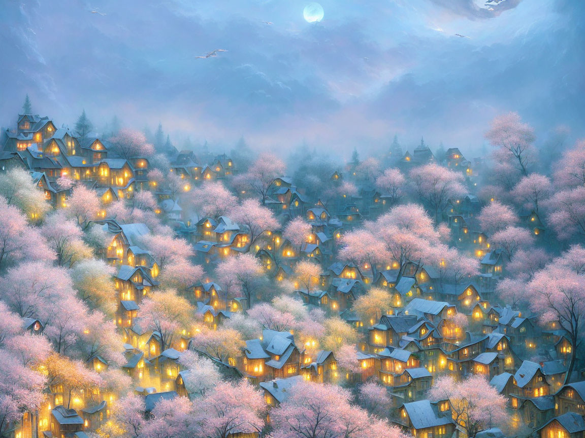 Village illuminated by warm lights amid pink blossoming trees and twilight sky.