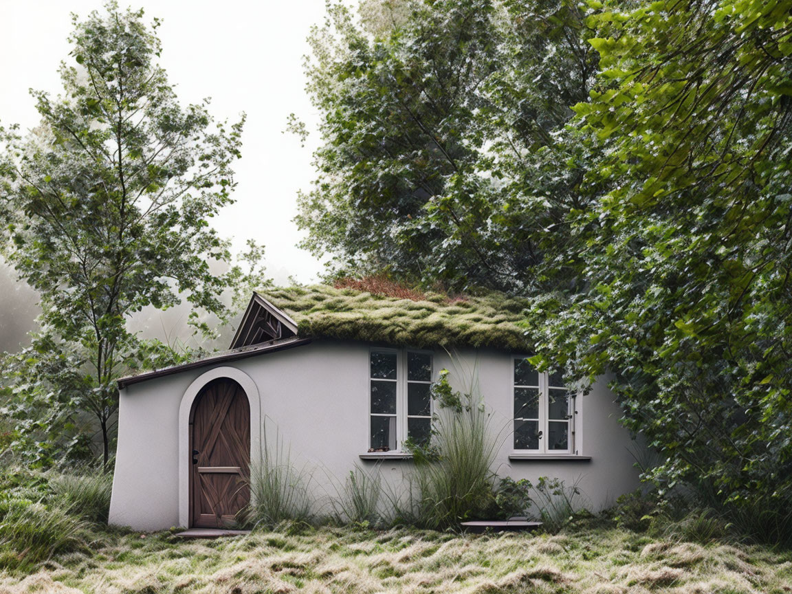 Quaint cottage with mossy roof in misty forest setting