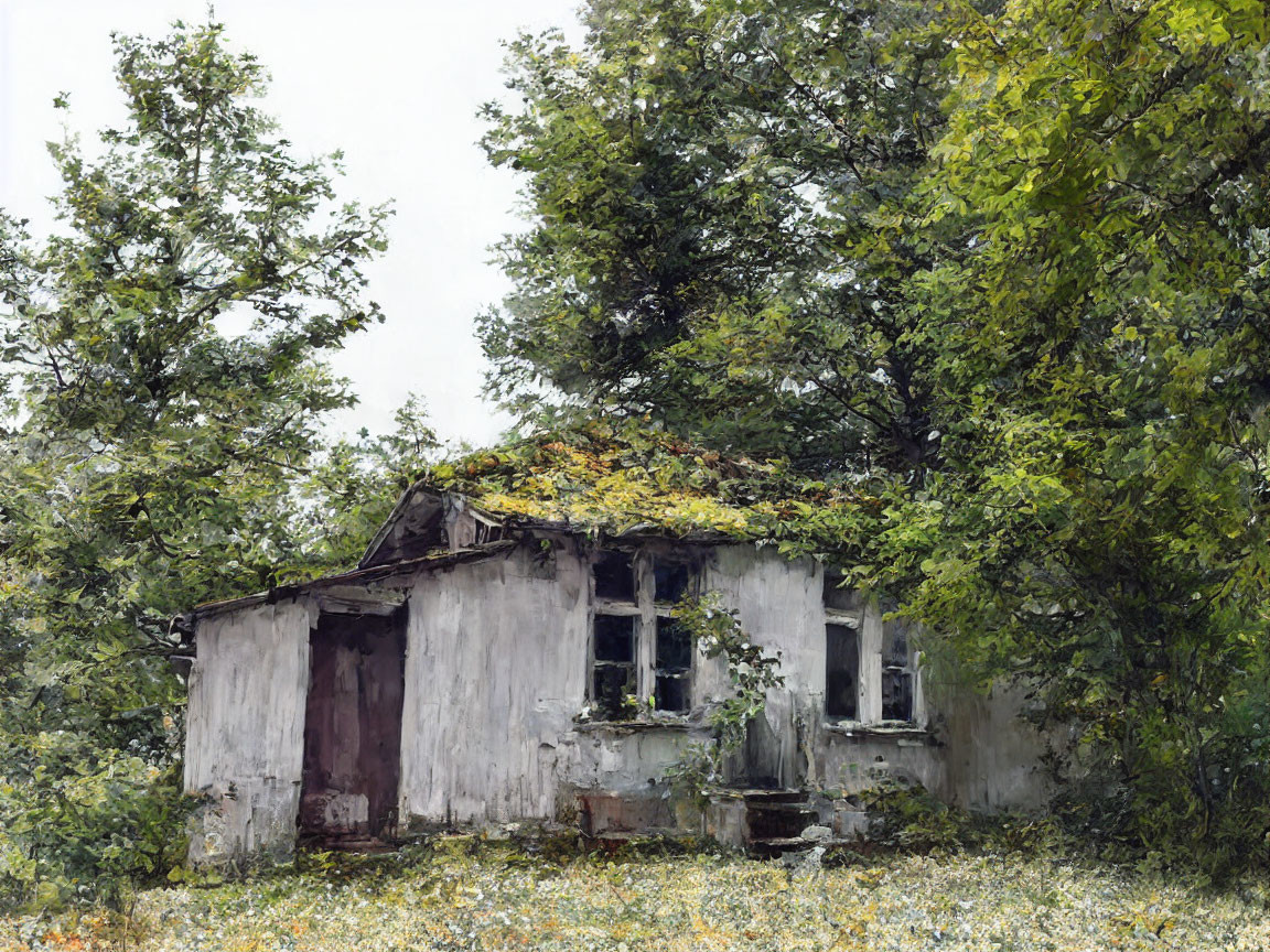 Abandoned house with peeling paint in green surroundings