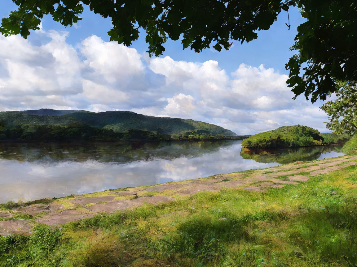 Tranquil riverscape with greenery, calm river, island, and cloudy sky