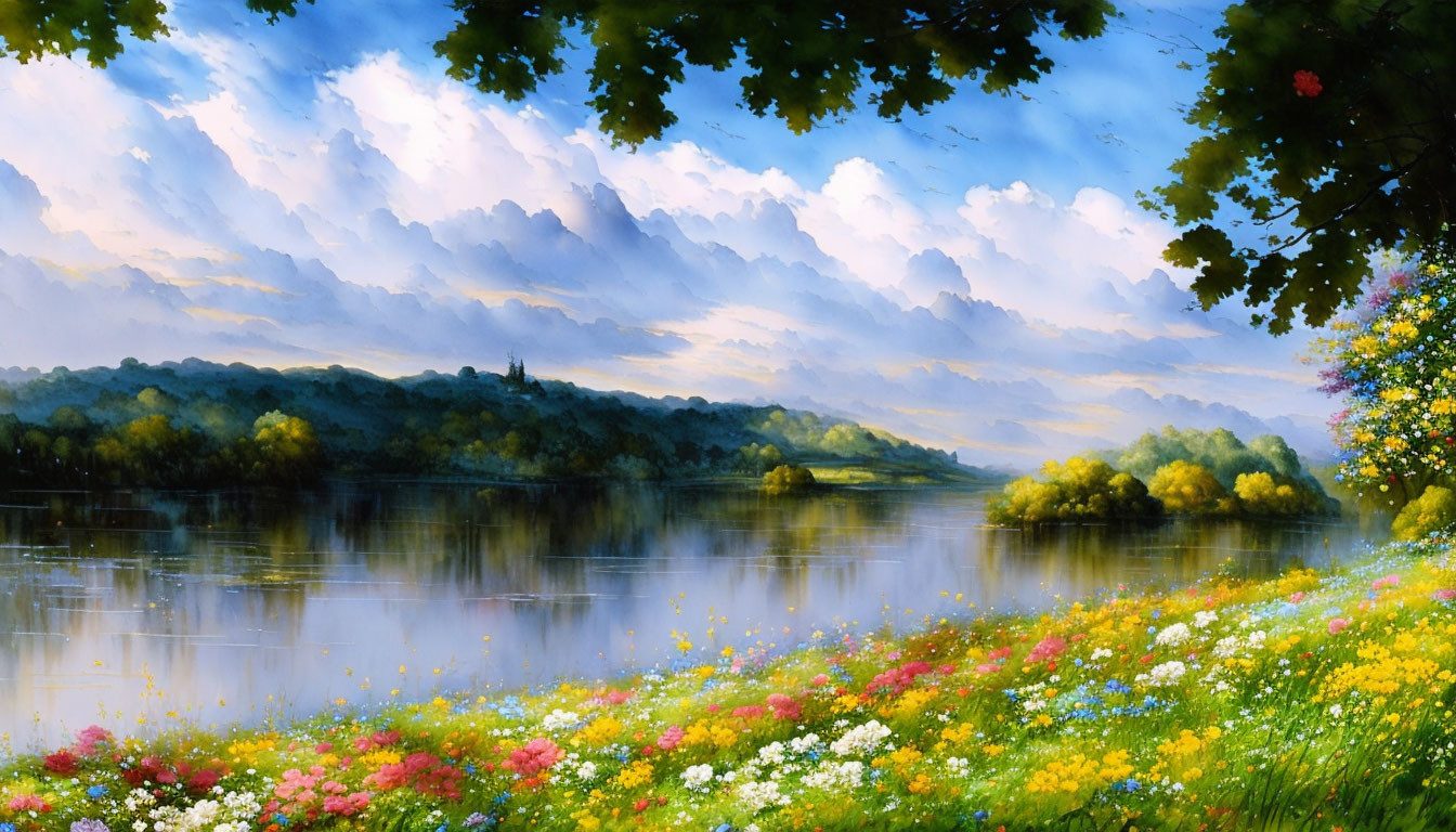 Vibrant landscape painting of calm river, lush greenery, blooming flowers