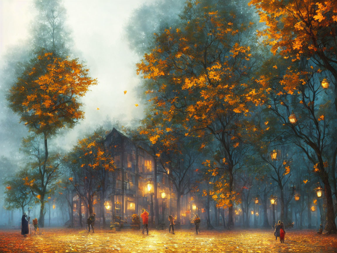 Golden leaves, lamp-lit street, people walking by vintage building