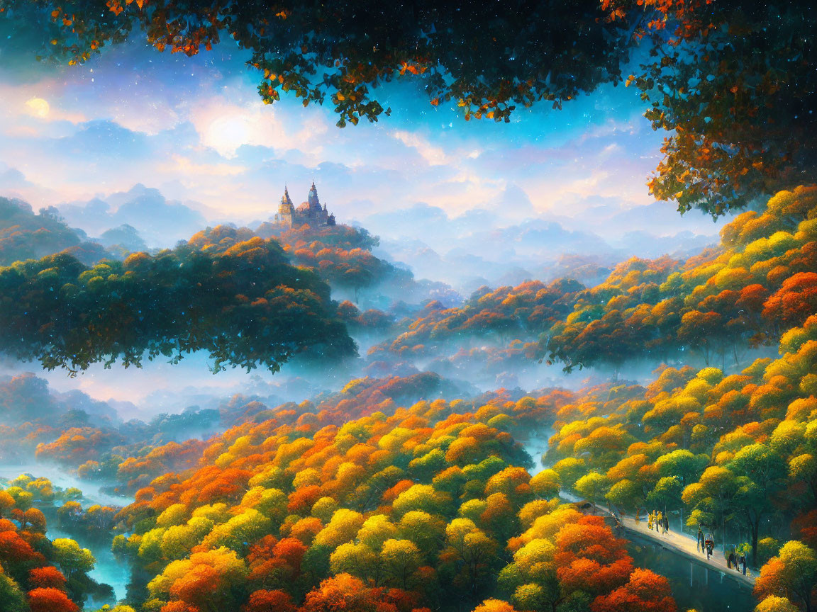 Vibrant autumn forest landscape with winding road, castle, and blue sky