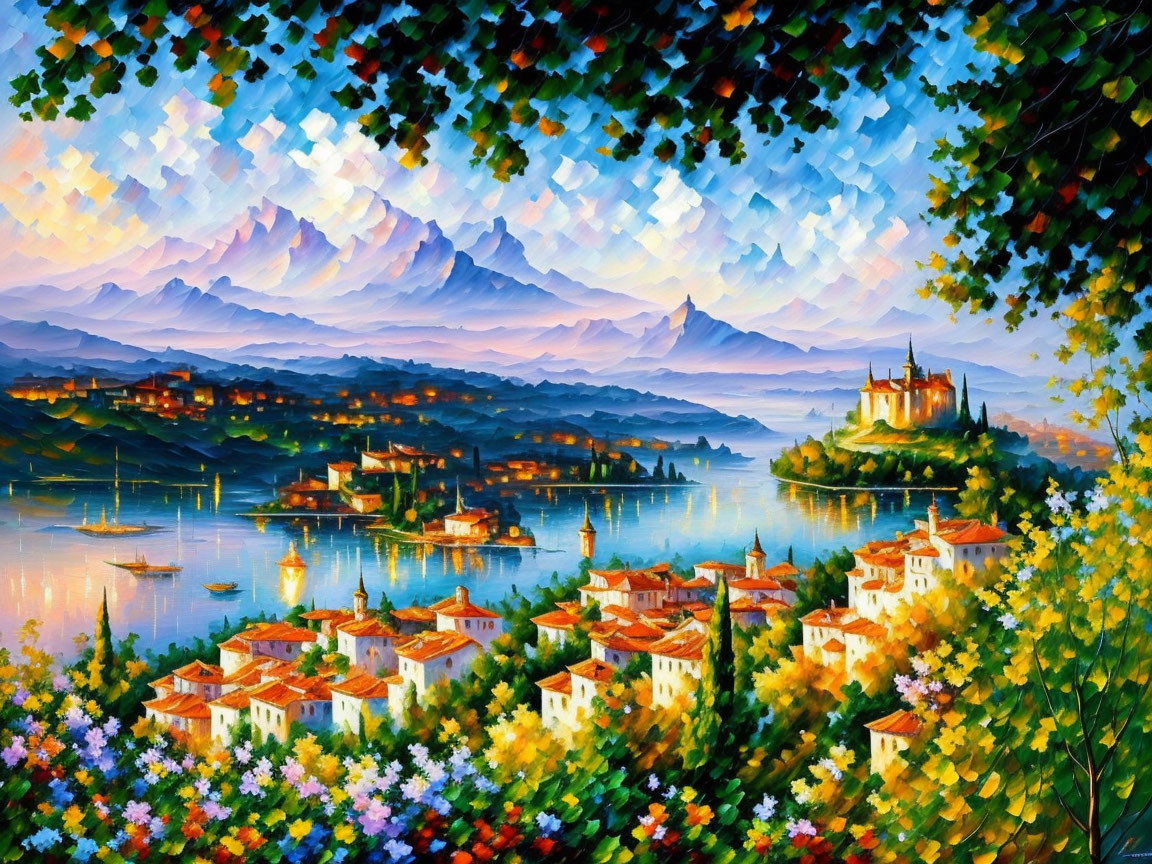 Lakeside town painting with lush greenery, colorful flowers, boats, and mountains