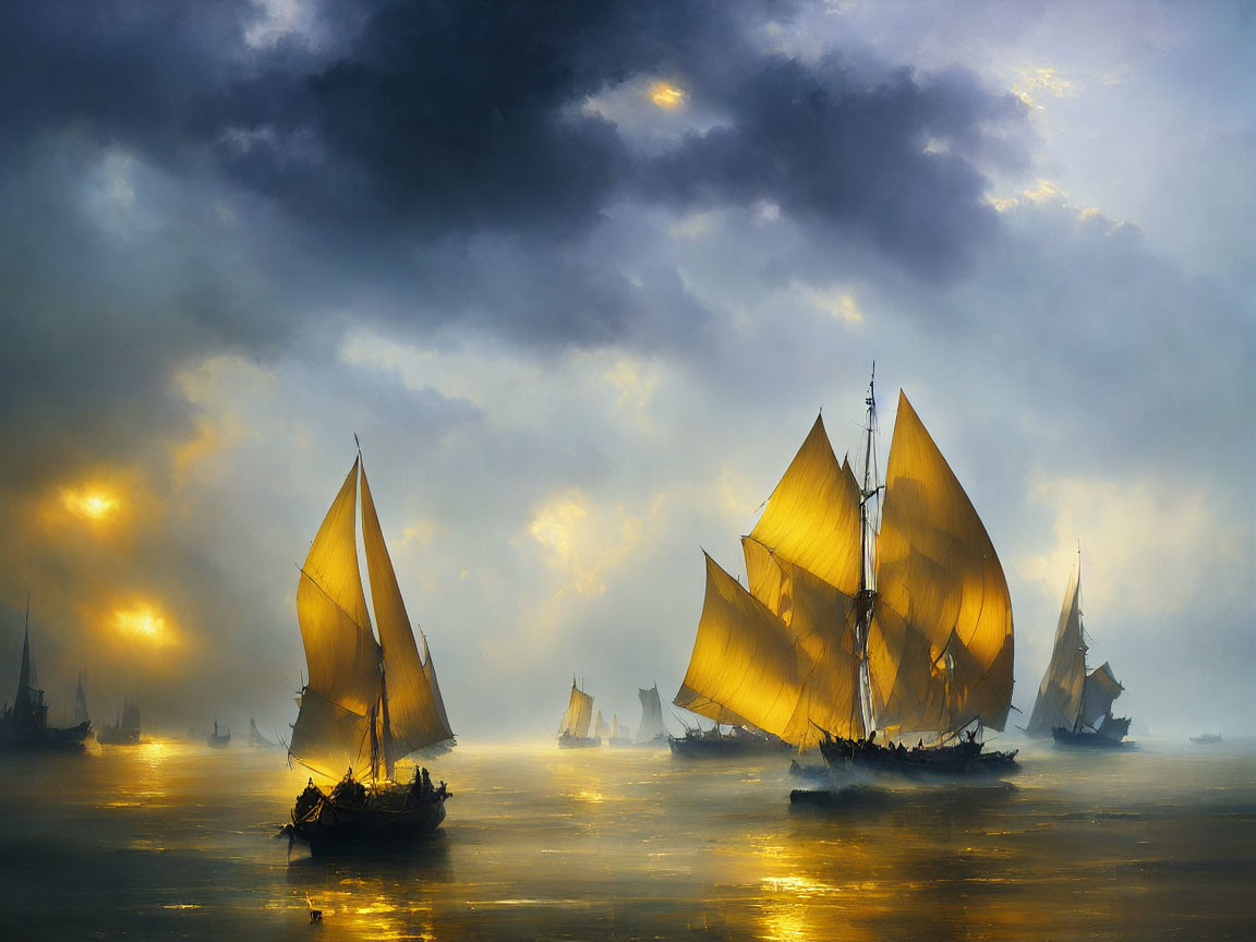 Golden-sailed sailing ships on reflective sea under stormy sky