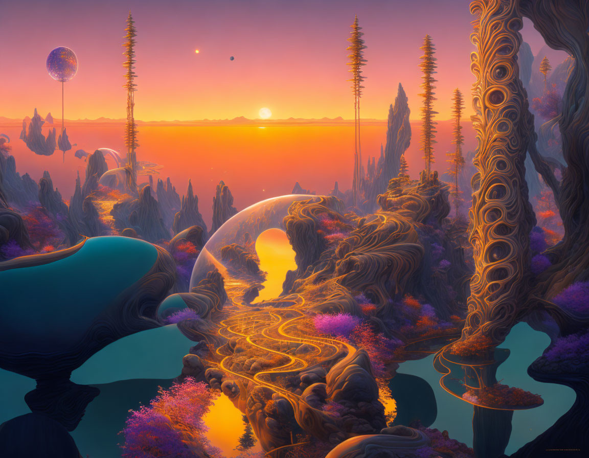 Surreal sunset landscape with vibrant trees and floating orbs