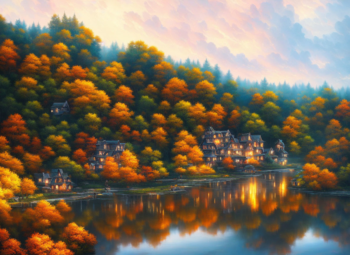 Tranquil Lakeside Village with Autumn Trees and Dusk Sky