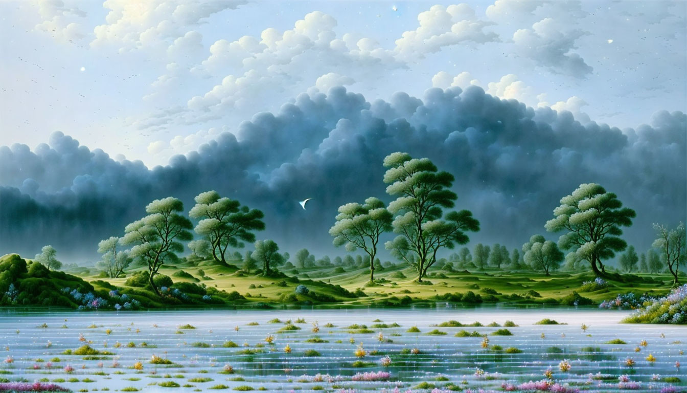 Tranquil landscape with green trees, river, wildflowers, clouds, and crescent moon