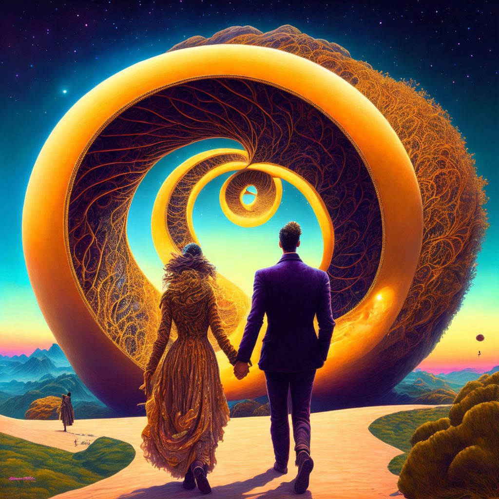 Couple walking towards surreal golden spiral portal in fantastical landscape