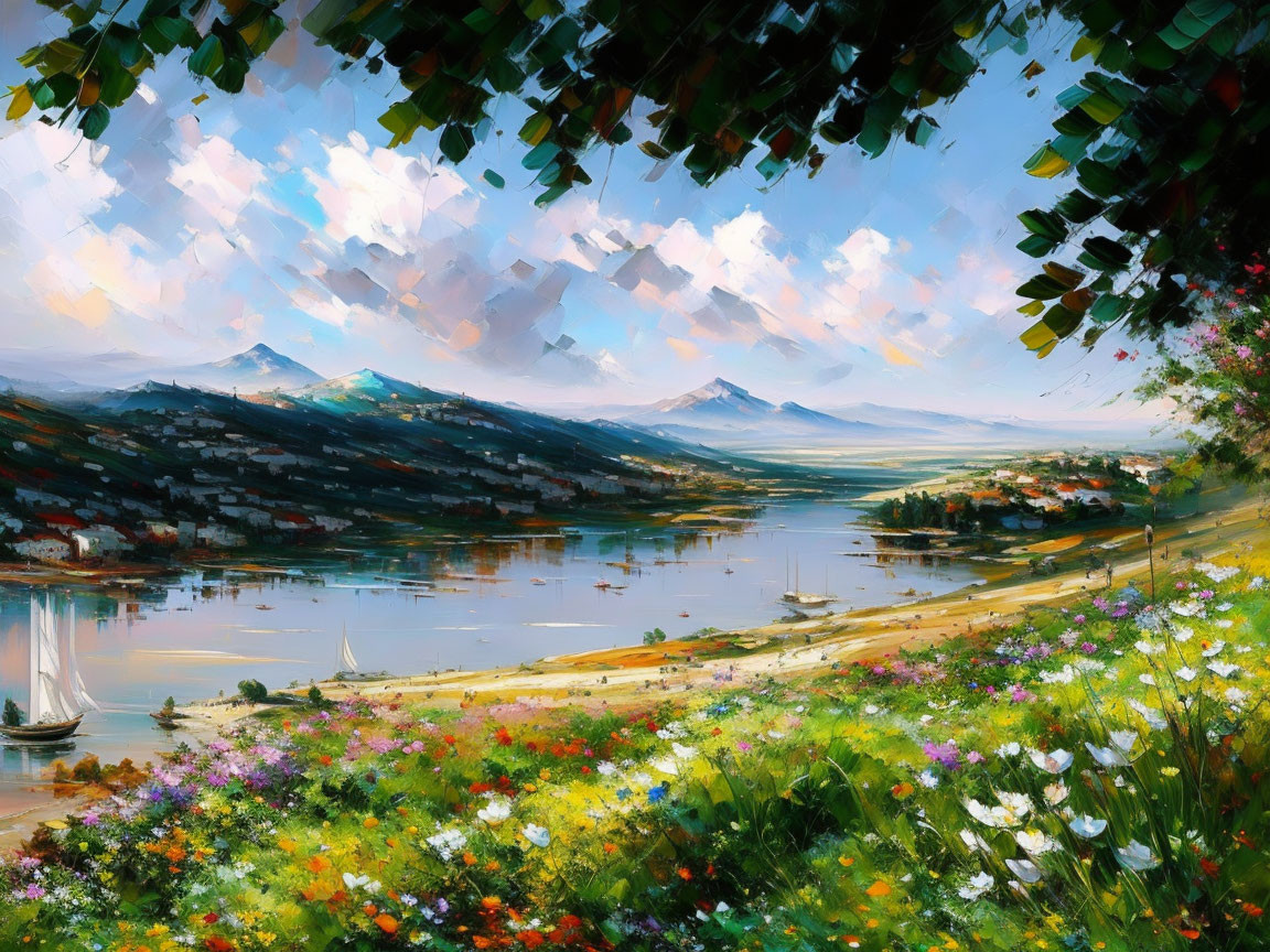 Colorful lakeside painting with boats, greenery, flowers, and mountains