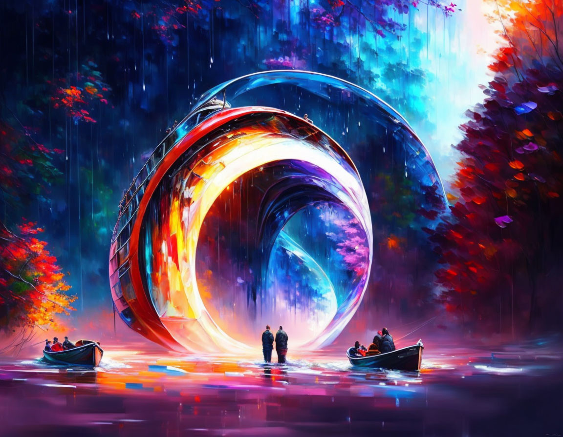 Colorful digital artwork: People in boats near swirling portal in autumn forest.