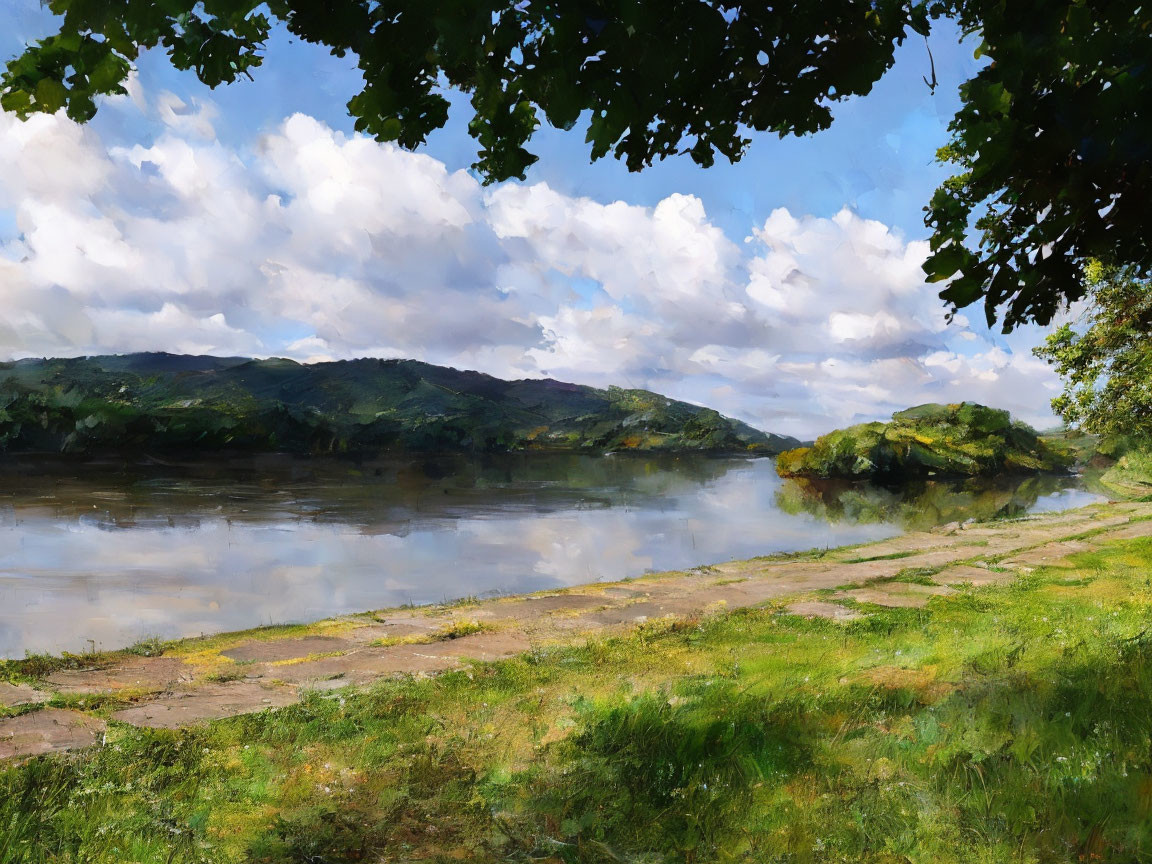 Tranquil landscape with river, blue sky, clouds, hills, and trees