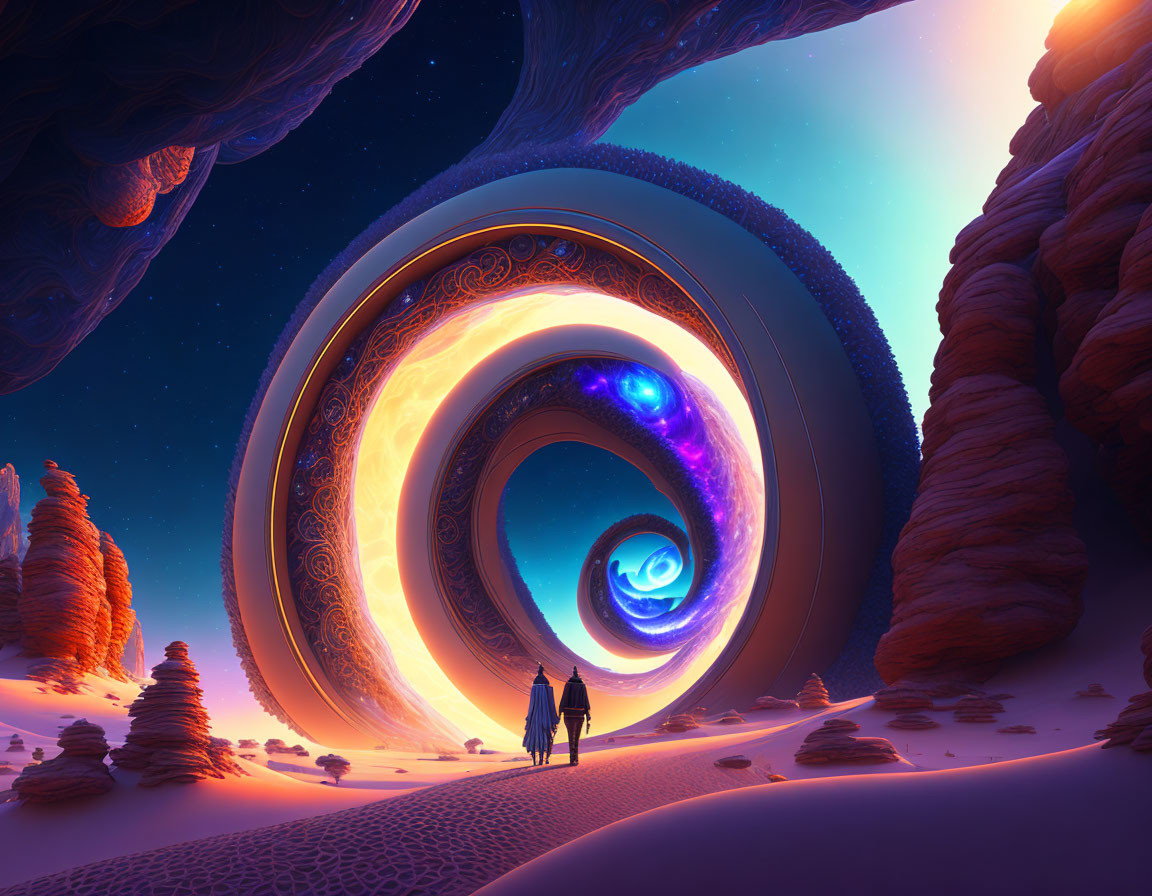 Silhouetted figures approaching spiral portal in surreal desert landscape