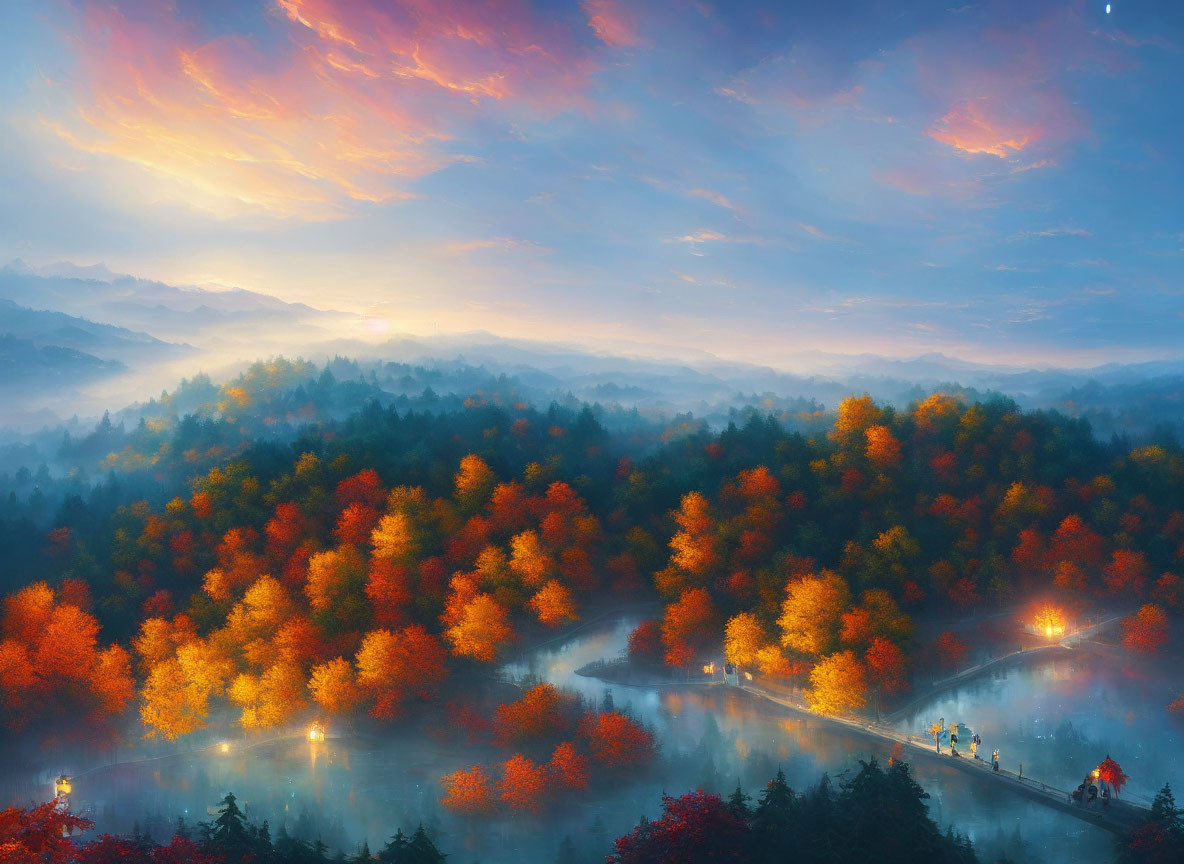 Vibrant autumn forest with fiery foliage and misty atmosphere